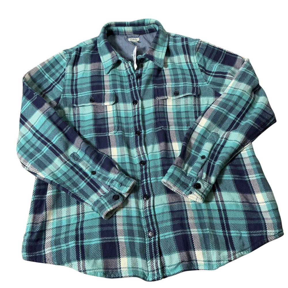 LL Bean 1912 Overshirt Plaid Flannel Button Down Womens XL Blue Teal Cotton NEW